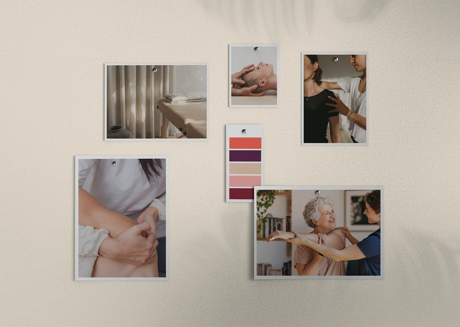 Moodboard de l’identité visuelle Manon Wolfersperger Ostéopathe D.O. avec photos de soins en ostéopathie et palette de couleurs corail, prune, sable, rose poudré et bordeaux.